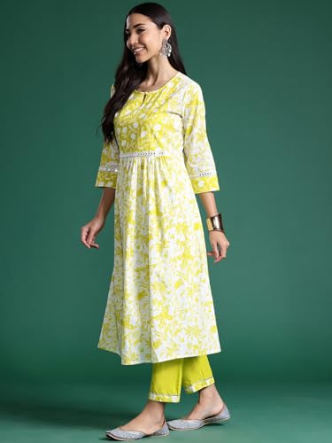 Image of INDO ERA Women Pure Cotton Printed A-Line Kurta Pant With Dupatta Set