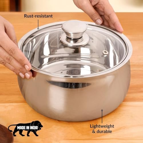 Image of Nestasia Stainless Steel Insulated Casserole with Glass Lid (2000 ml) - 100% Food Safe Casserole for Roti Hot Case with Air Vent Lid - Keeps Food Hot & Cold | Rust Resistant & BPA - Free