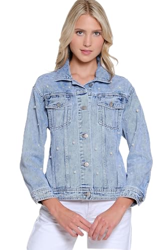 MULTIPLES Women's Cuffed Long Sleeves Two-Pocket Button Front Oversized Jean Jacket