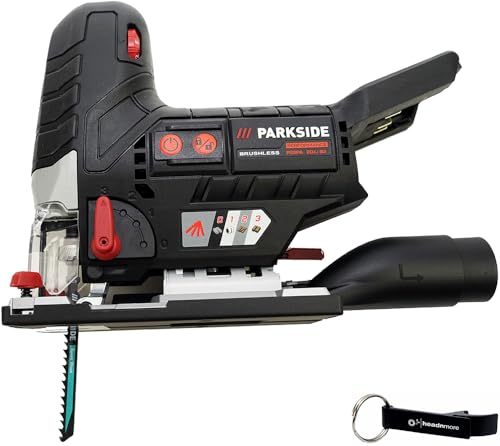 Lampada da lavoro a LED integrata con 2 funzioni avanzate: 1. Illuminazione prima dell'avvio della macchina / 2. Luce di arresto, serraggio rapido Saw Lock per il facile cambio della lama, linea di taglio senza trucioli grazie alla funzione ventola, collegamento per l'aspirazione della polvere esterna – incl. adattatore, protezione per sega pieghevole e rimovibile in materiale trasparente, protezione contro le rotture di chip e adattatore per la guida della linea, impugnatura ergonomica con tecnologia softgrip, attacco del pattino di scorrimento in plastica, incl. 3 lame di alta qualità (Swiss Made), in pratica valigia per il trasporto, dispositivo compatibile con tutte le batterie della serie Parkside X 20 V Team / La consegna non include batteria e caricatore.