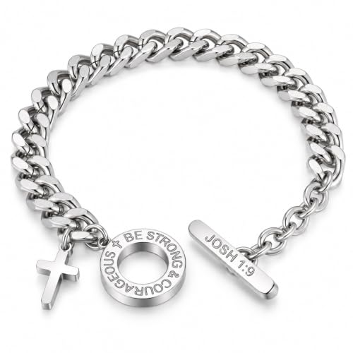 TempBeau Cross Bracelet for Men, Stainless Steel Cuban Link, Joshua 1:9 - image 1