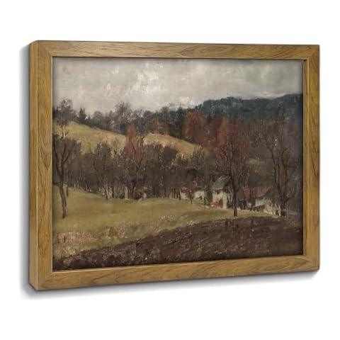 Framed Autumn Fall Forest River Landscape Wall Art - Nature Wilderness Posters Wall Decor Prints, Antique Vintage Botanical Wall Decor for Living Room, Farmhouse - Natural Framed Cover