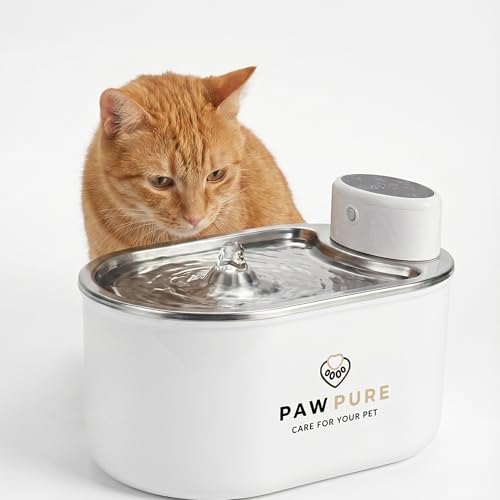 Paw Pure Cat Water Fountain Stainless Steel & Dog Water Fountain, Wireless 30-Day Battery, 20dB Ultra-Quiet Cordless Pet Fountain for Cats & Small/Medium Dogs, 3L/108oz