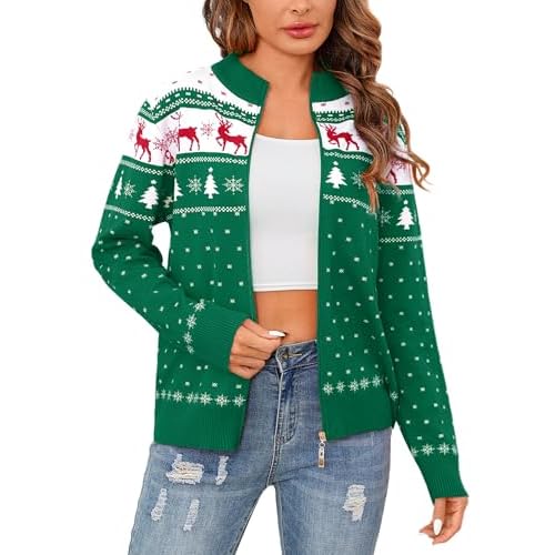 Totatuit Womens Long Sleeve Knitted Zip Up Sweater Cardigans Sweaters Lightweight Zipper Sweatshirts Jacket Small Christmas Green