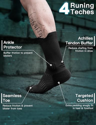 Juclise Mens Bamboo Viscose Crew Compression Running Socks Athletic Hiking Cushioned Wicking Anti-Blister Seamless