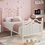 Cadre de Lit 90 x 200 avec Tête et Pied de Lit, Lit Moderne en Métal 90x200 pour Enfants, Lattes Métalliques Stables, Pas de Somier Nécessaire, Montage Simple, Silencieux, Blanc