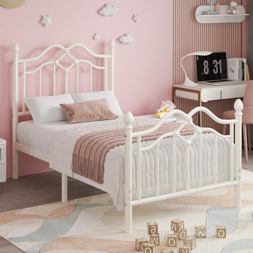 Cadre de Lit 90 x 200 avec Tête et Pied de Lit, Lit Moderne en Métal 90x200 pour Enfants, Lattes Métalliques Stables, Pas de Somier Nécessaire, Montage...