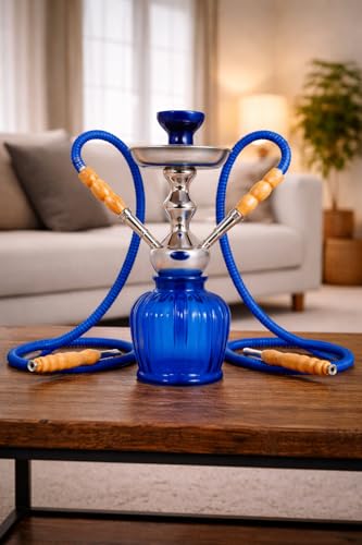 Image of FAB HOME DECOR QT Econo Dual Hose Hookah | Designer Double Pipe Aluminium Stem 12 Inch Glass, Steel Hookah Set For Heavy Smoke | Perfect for Party Lovers (Blue)