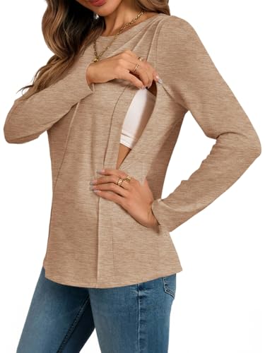 Yousify Womens Long Sleeve Nursing Shirts Zipper Maternity Breastfeeding Tunic Tops Seam Pregnancy Clothes Khaki