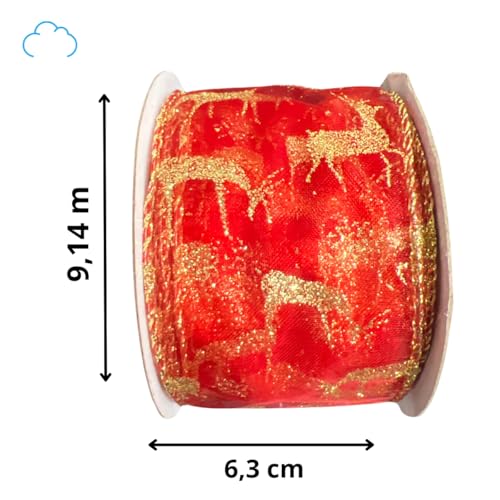 Rolo de Fita natalina vermelha com detalhes rena 6,3 cm