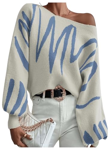 Women's Lantern Sleeve Sweater Graphic Boat Neck Drop Shoulder Long Sleeve Oversized Pullovers Jumper Top