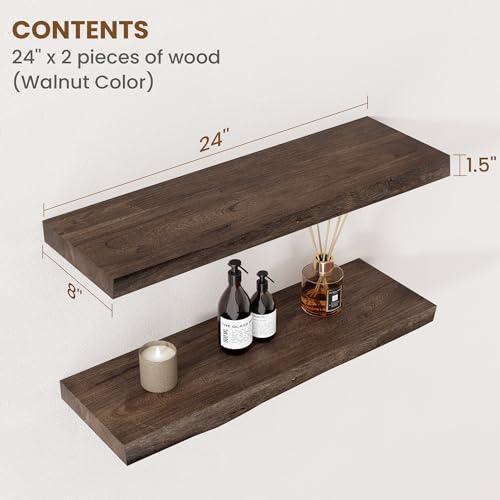 Image of Floating Shelves for Wall Decor, Rustic Solid Elm Wood Live Edge Floating Shelves Wall Mounted, Wall Shelves with Invisible Bracket for Living Room Bathroom Bedroom Kitchen, 24 Inch Set of 2, Walnut