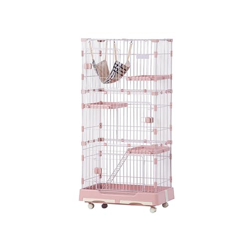 キャットケージ ピンク 3 段式 1-3 段調整可能 大型 キャスター付き(ストッパー 2 個) つまみドア ハンモック付き 多頭飼い・留守番に適し