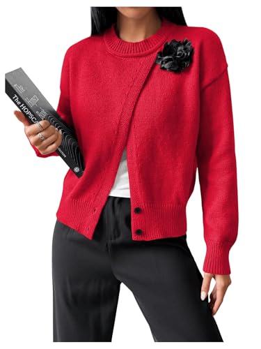 Image of MakeMeChic Women's Wrap Cardigan Sweater Flower Button Down Pullovers Tops Red X-Large