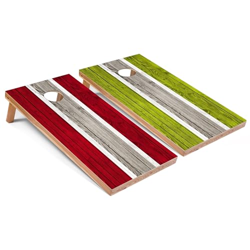 Skip's Garage Red and Lime Striped All-Weather Cornhole Boards - PVC - Include CASE + Edge Lights
