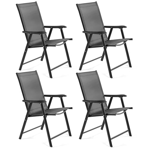 Yaheetech Patio Folding Dining Chairs Set of 4 with Breathable Texteline Fabric All Weather Outdoor Folding Garden Chairs with Steel Frame for Garden Lawn Porch Backyard Poolside Black