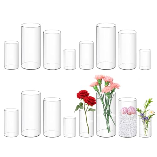 12 Pack Plastic Cylinder Vases 4 6 8 10 Inch Tall Acrylic Cylinder Clear Flower Vase Set Bulk Glass Like Large Round Plastic Vases for Centerpiece Wedding Home Office (12)