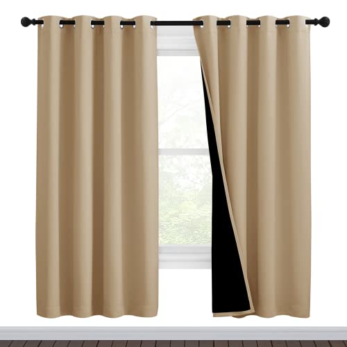 Image of NICETOWN Living Room Completely Shaded Draperies, Privacy Protection & Noise Reducing Black Lined Insulated Window Treatment Curtain Panels for Patio Door (Set of 2 Pcs, W46 x L72, Biscotti Beige)