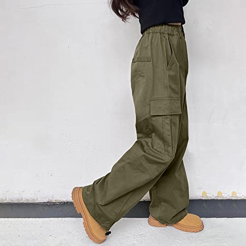 Image of Rolanko Girls Cargo Pants Wide Leg Streetwear Kids Pants with Pockets Trendy Jogger Trousers 4-14 Years