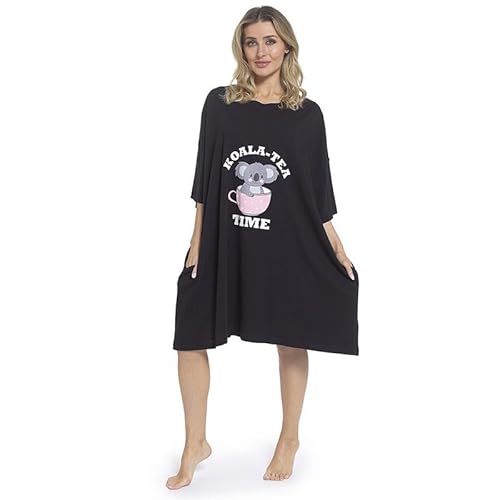 GM Apparel Camisón holgado para mujer, ropa de dormir, vestido de noche, camiseta de gran tamaño, camisón de manga corta, 100% algodón, ropa de noche con bolsillos, Té Koala Negro, Altoa única