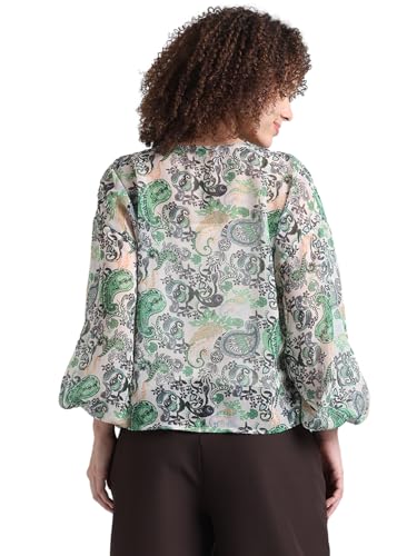 Image of ONLY Ethnic Motifs Printed Tie-Up Neck Puff Sleeves Chiffon Top