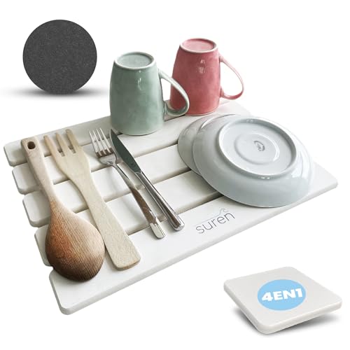 suren® Escurreplatos Diatomita Plegable 40x30cm | Escurreplatos Piedra Diatomita Cocina | Incluye Posavasos Multifunción, Tapete Antideslizante Y Lija De Mantenimiento | Stone Drying Mat Kitchen