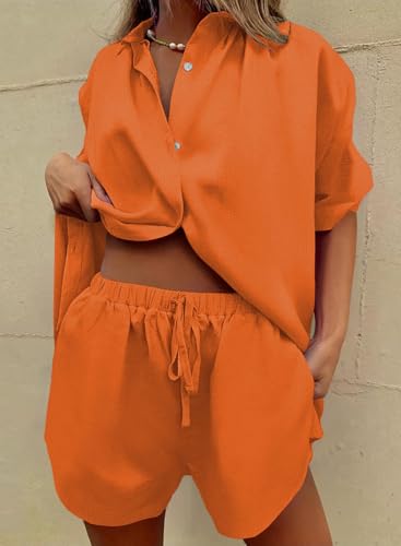 Image of Fixmatti Women 2 Piece Outfits Long Sleeve Button Down Blouse and Shorts Sweatsuit Sets