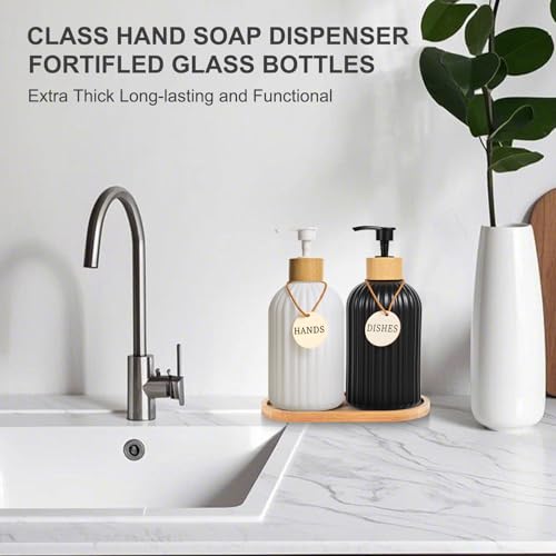 Image of 2 Pack ViserVita Glass Hand Soap Dispenser Set with Bamboo Pump, Elegant Refillable Liquid Dish Soap Dispenser with Tray, Perfect for Kitchen Sink and Bathroom Decor