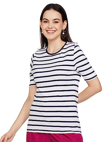 Image of Marks & Spencer Womens Striped Cotton Crew Neck Regular Fit Short Sleeve Top