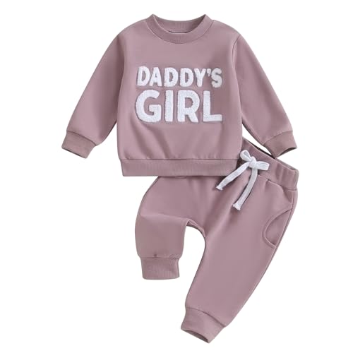 Image of Kupretty Toddler Baby Girl Fall Winter Clothes Embroidered Letter Graphic Crewneck Sweatshirt + Joggers Pants Outfits Set