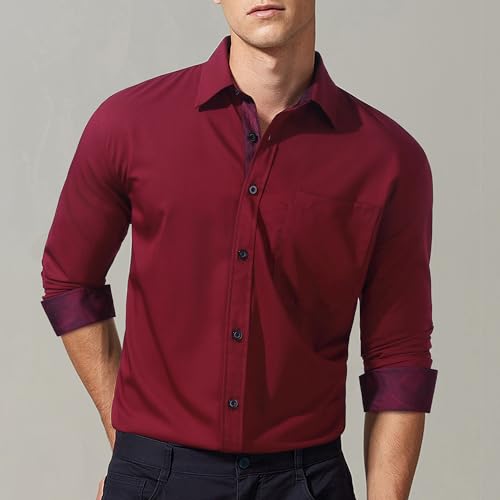 Image of HISDERN Mens Dress Shirts Long Sleeve Button Down Casual Shirts for Men Inner Contrast Formal Business Tuxedo Wedding Shirt