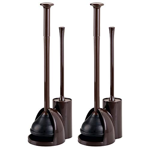mDesign Modern Slim Compact Freestanding Plastic Toilet Bowl Brush Cleaner and Plunger Combo