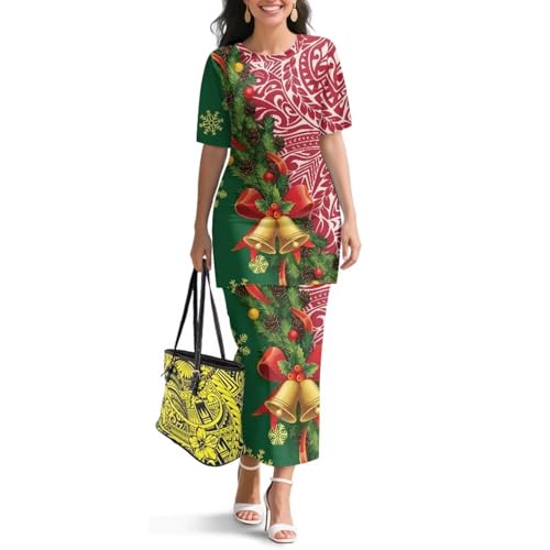 Image of Polynesian Dress for Women Short Sleeve High Waist Maxi Skirt | Puletasi dress, t-shirt and skirt two-piece, elastic material, lightweight, soft, plus size, luau party, wedding, clubwear