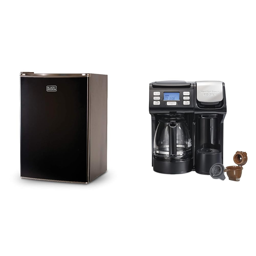 BLACK+DECKER BCRK25B Compact Refrigerator Energy Star Single Door Mini Fridge with Freezer &amp; Hamilton Beach FlexBrew Trio 2-Way Coffee Maker, Compatible with K-Cup Pods or Grounds