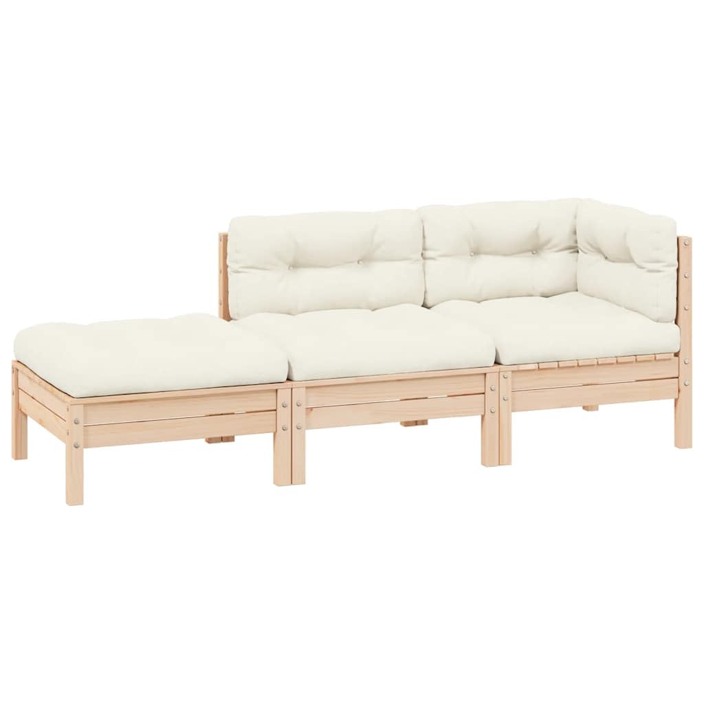 3-Piece Garden Lounge Set with Cream Cushions and Natural Wood Finish, Modular Outdoor Furniture for Patio Terrace, Durable Pinewood Sofa with Weather-Resistant Design