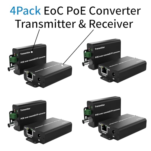Image of 4PCS POE Over Coax Converter BNC to Ethernet IP Extender EOC, 3280ft(1000m) Power & Data via RG59 Coax Cable, Analog to IP CCTV System Upgrade Adapter, Dual Interface BNC+Twisted Pair, Plug & Play