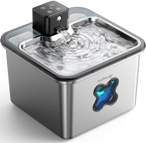 FEELNEEDY Fuente para Gatos sin Cable, 3.2L Bebedero Gatos en Acero Inoxidable con Sensor de Movimiento, Visualización del Filtro, Apta para Lavavajillas, 4000mAh Batería Recargable