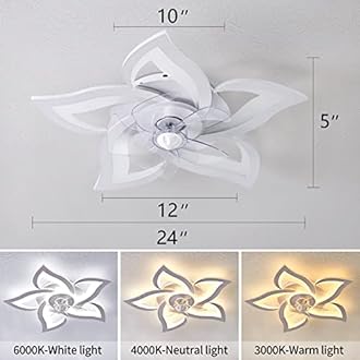 HuixuTe Ceiling Fan with Lights Remote Control, 3 Colors, 6 Speeds, 24" Geometric Bladeless Ceiling Fan, White Low Profile Ceiling Fan with Light for Kitchen Bedroom