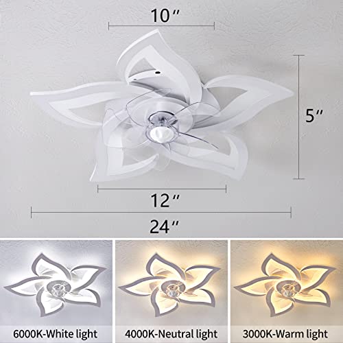 HuixuTe Ceiling Fan with Lights Remote Control, 3 Colors, 6 Speeds, 24" Geometric Bladeless Ceiling Fan, White Low Profile Ceiling Fan with Light for Kitchen Bedroom