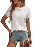 Narecte Womens Shirts,Summer Tops,Eyelet Embroidery T Shirts,Women Blouses Dressy Casual,Short Sleeve Scallop Trim Tee White L
