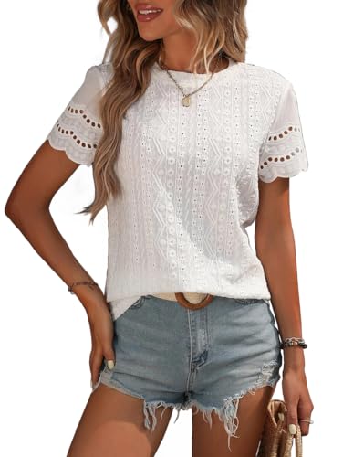 Narecte Womens Shirts,Summer Tops,Eyelet Embroidery T Shirts,Women Blouses Dressy Casual,Short Sleeve Scallop Trim Tee