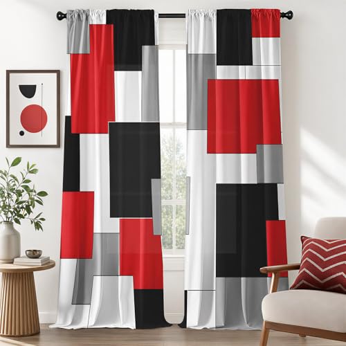 XFLINGBAO Black and Red Curtains for Living Room 52W x 84L Inch Length Geometry Curtains Modern White Grey Abstract Rod Pocket Curtain for Bedroom Kitchen Room Window Drapes 2 Panels