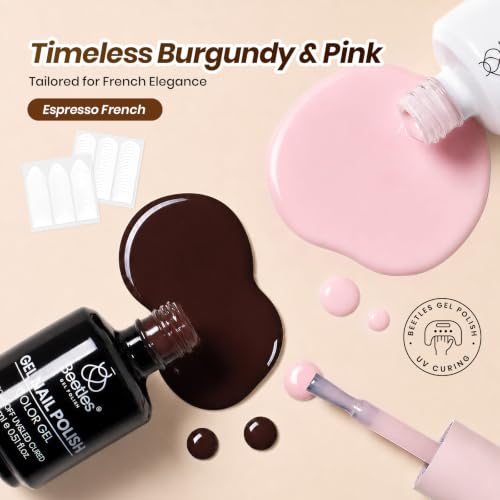 Image of Beetles Espresso French Gel Polish Set, 2 Colors 15ml Easy French Tips Kit | Brown Jelly Nude Pink Fall Colors Polish, French Nail Stickers Soak Off Uv Gel Manicure Nail Art Design