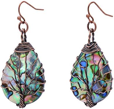 Joseph Brothers Tree of Life Hand Wrapped Sea Abalone Shell Earrings for Women, French Wire Antiqued Copper