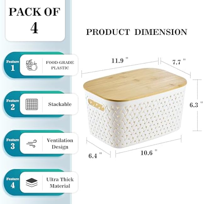 Plastic Storage Bins with Bamboo Lids 4 Packs - Pantry Organization and Storage Containers Storage Baskets: Stackable Storage Bins for Shelves Drawers Closet Office 11.9 x 7.7 x 6.3 inch