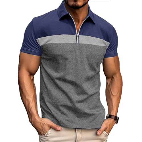 Ryehack Polo Homme Manches Courtes à Col Zippé, Raglan en Coton Tee Shirt pour Golf et Rugby, Bleu+Gris, L