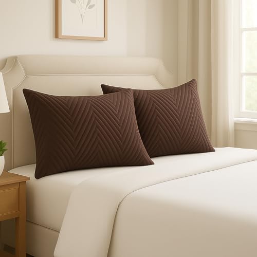 Image of RD TREND Cotton Quilted Pillow Cover Set of 2 |Ultra-Soft, Cooling & Breathable | Skin & Hair Friendly | Hidden Zipper Pillowcases for Bedroom |Standard Size 18x28 Inches, Coffee