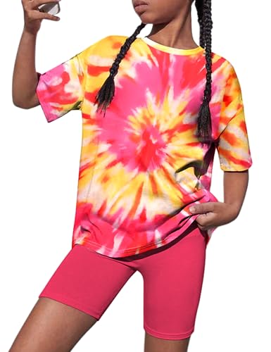 TWEENGOUTFITS Girls Clothes 2 Piece Cute Clothes For Girls 10-12 Short Sleeve Fashion Pink And Yellow Tie Dye T-Shirt And Pants Summer Outfits