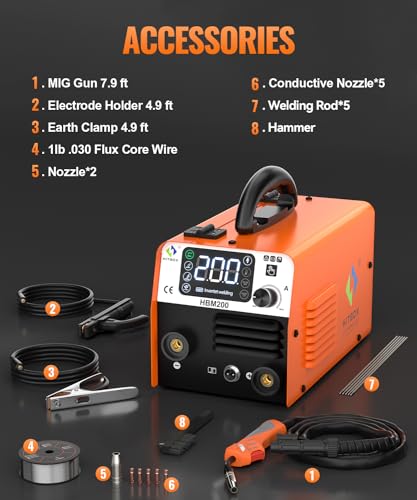 HITBOX Gasless MIG Welder 240V 200A, 3-in-1 Synergy Welding Machine MIG/ARC/Lift TIG with LED Display, Flux Core Wire & MIG Torch – IGBT Inverter Portable Welder(HBM200)
