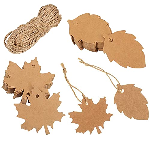 Lot de 100 étiquettes cadeaux en papier kraft, pendentifs artisanaux, feuille d'érable avec fil de jute pour mariage, anniversaire et Noël Marron